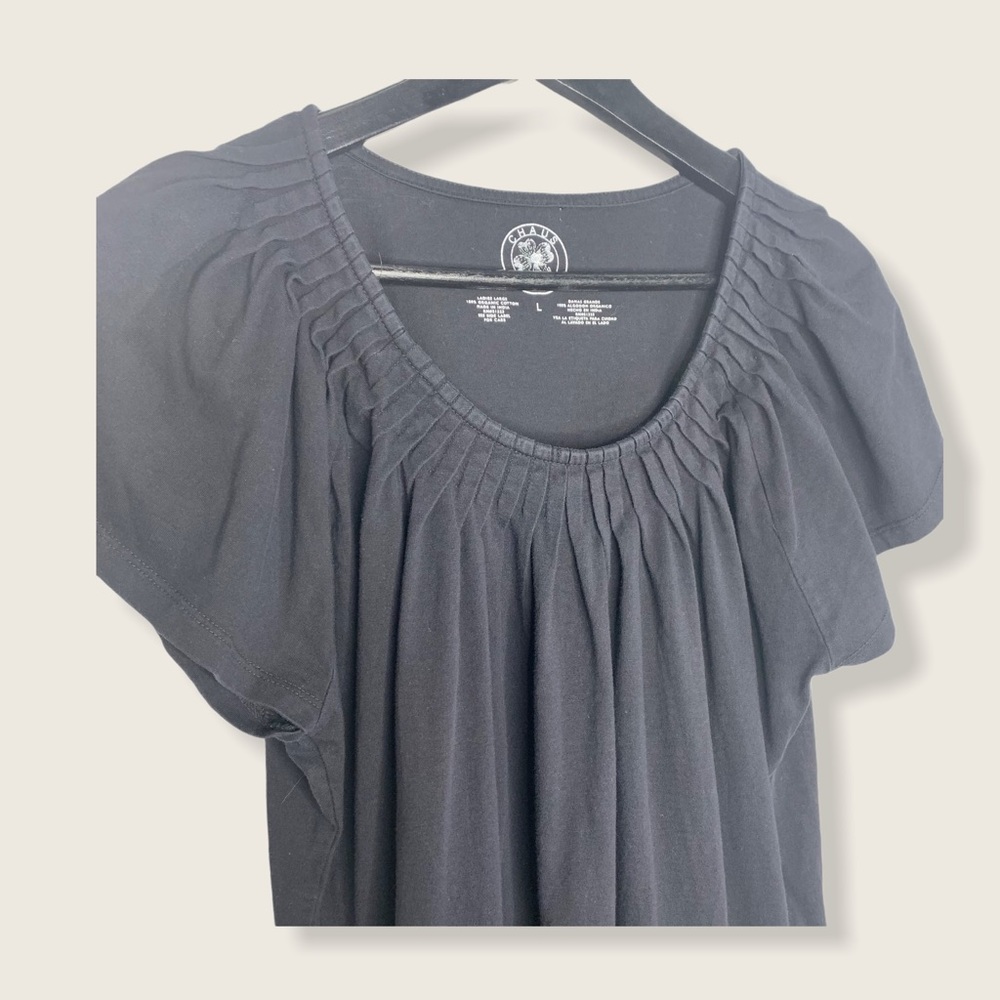 Chaus Organic Ruched Crewneck Solid Black T Shirt - Picture 2 of 10